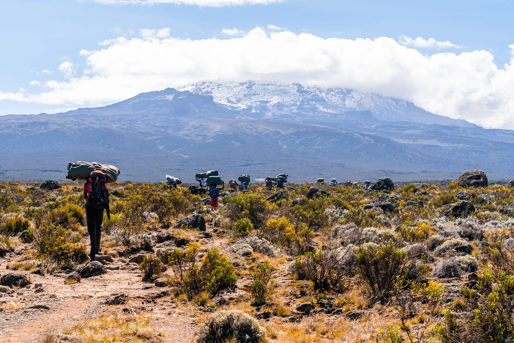 Senderistas en el Kilimanjaro en Tanzania con buen tiempo