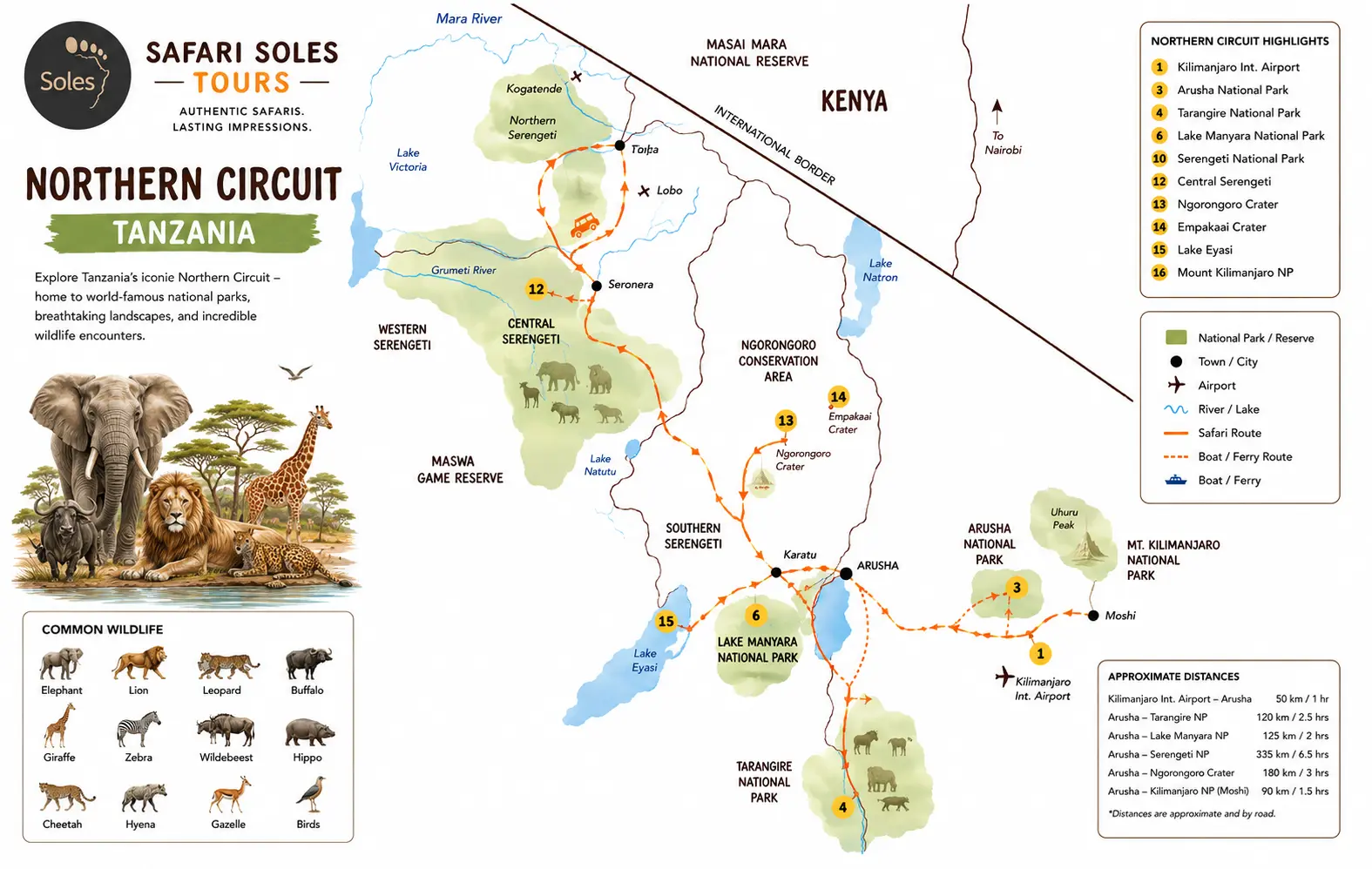 Map of the Northern Circuit Tanzania safari route showing Serengeti, Ngorongoro, Tarangire, and Lake Manyara.