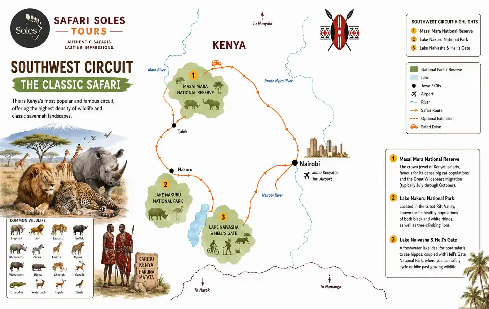 Mapa de la ruta de safari del Circuito Suroeste de Kenia