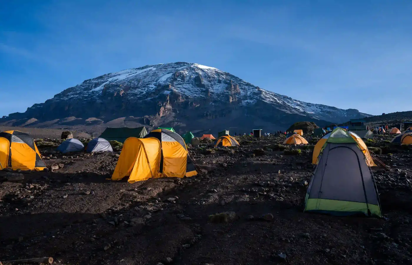 Kuppelzelte auf Vulkangestein unterhalb des Kilimandscharo-Gipfels