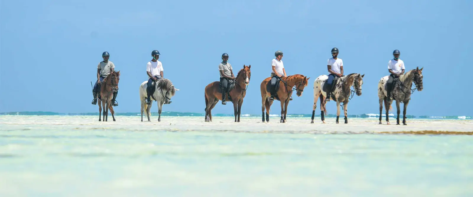 Riders on horseback crossing white sand and shallow turquoise water at low tide