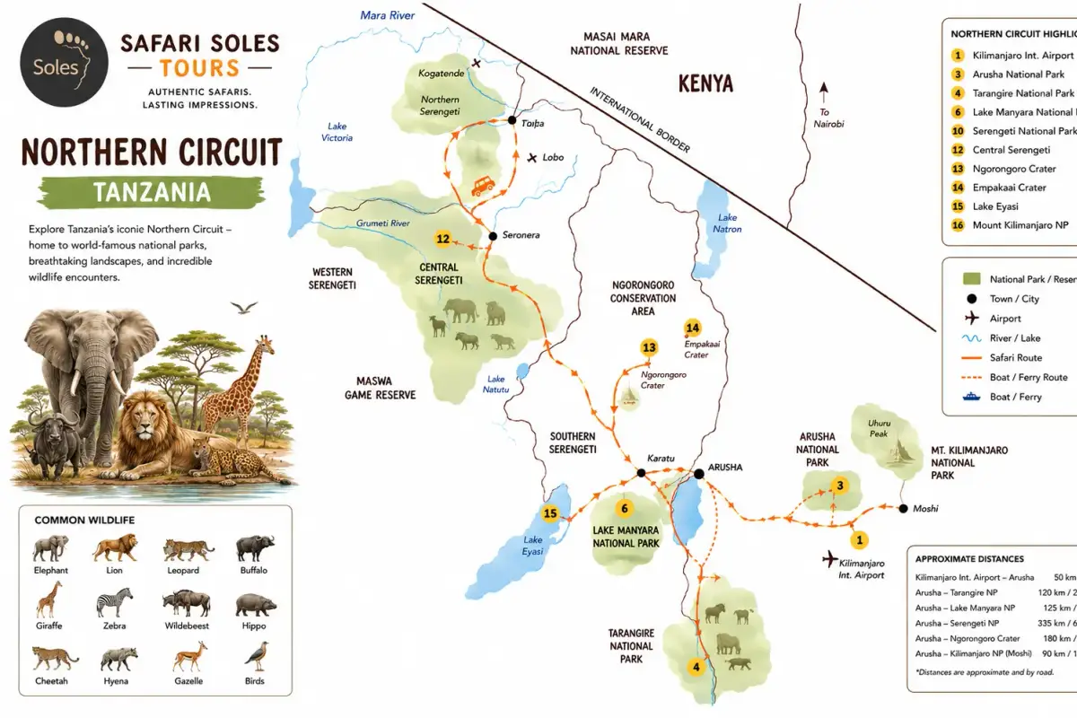 Eine illustrierte Karte der nördlichen Safari-Rundreise in Tansania