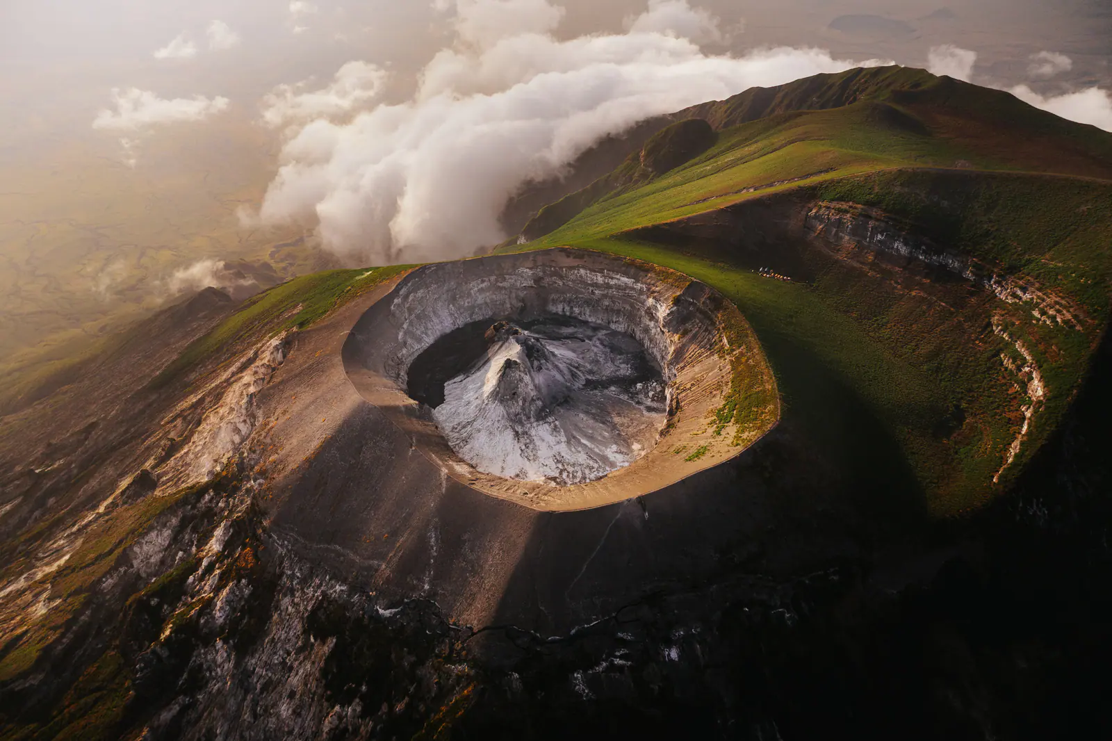 Aerial view of a volcanic crater