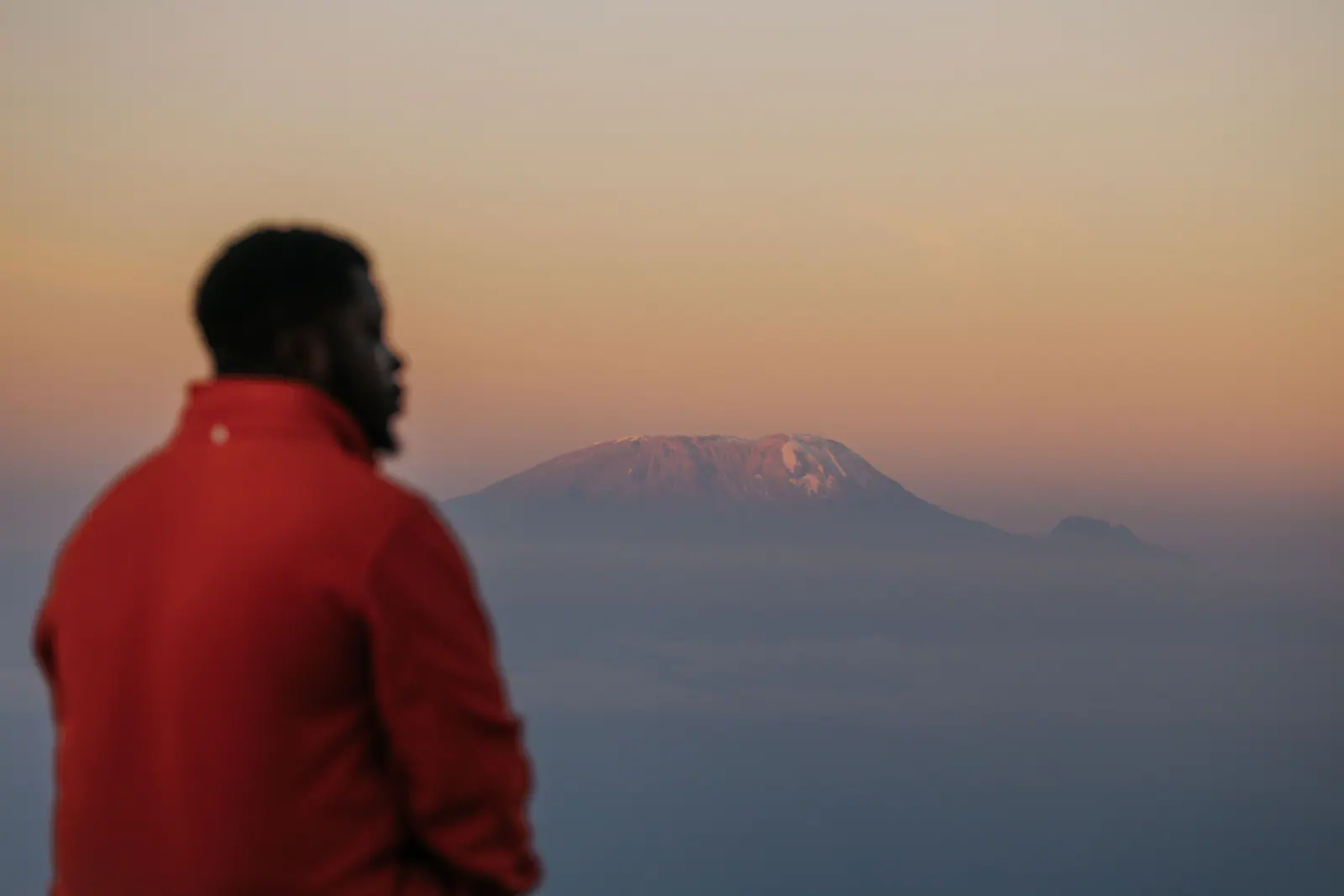 A guide looking toward Kilimanjaro at sunset