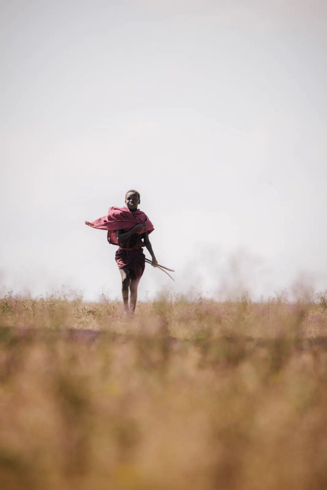 A Maasai warrior in a red shuka crossing open grassland