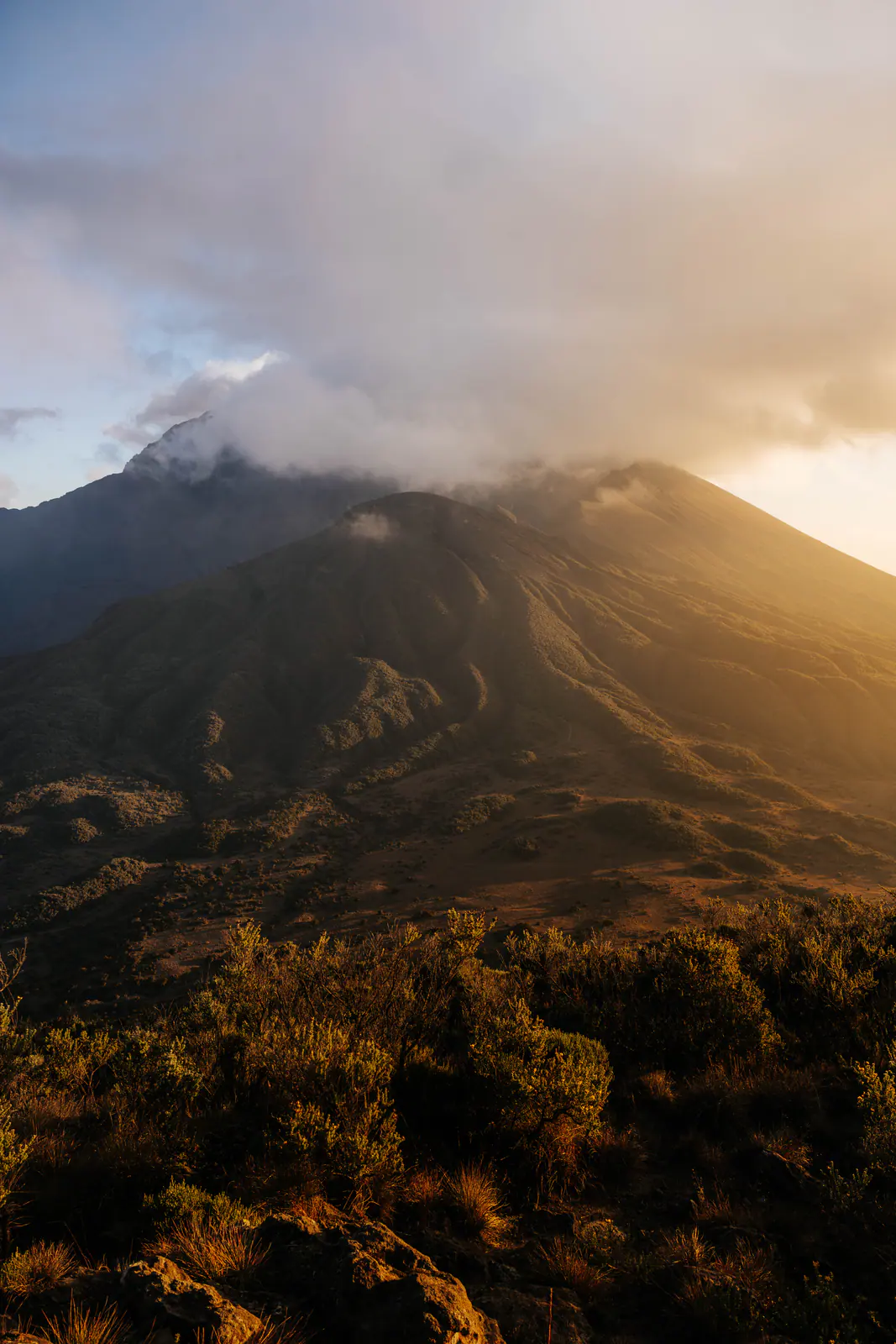 Luz dorada sobre una cumbre volcánica por encima de las nubes